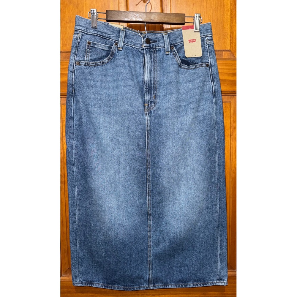 Levis Icon Denim Midi Skirt Medium Wash Blue High Waisted Back Slit W29 New